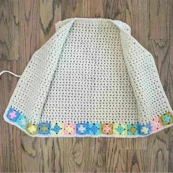 Crochet Cream and Multicolor Granny Square Tie Front with Tassle Wool Boho Vest - Picture 10 of 15